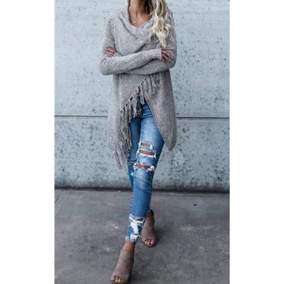 Grey Cardigan Boho Sweater Cover Up Poncho Wrap Knit Tassels Trendy Womens Top - Picture 3 of 12